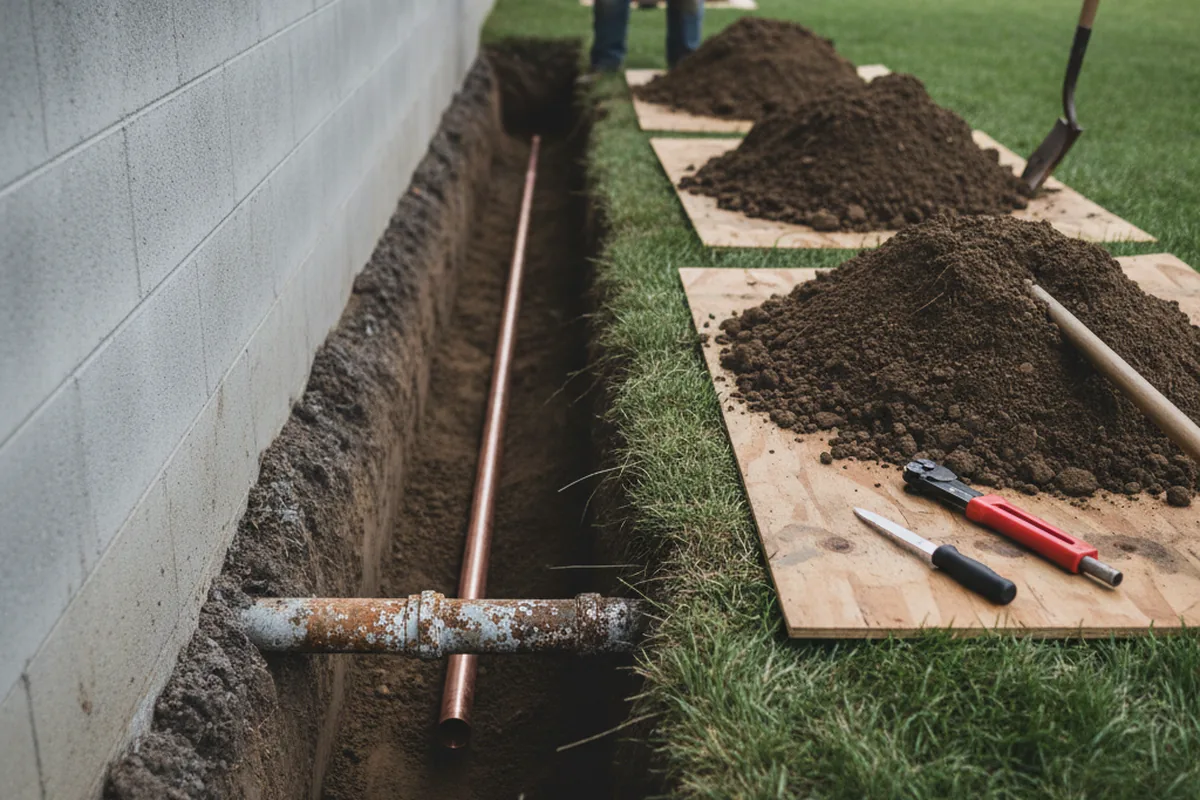 Excavated water line trench during Water Softener Installation in Donahue